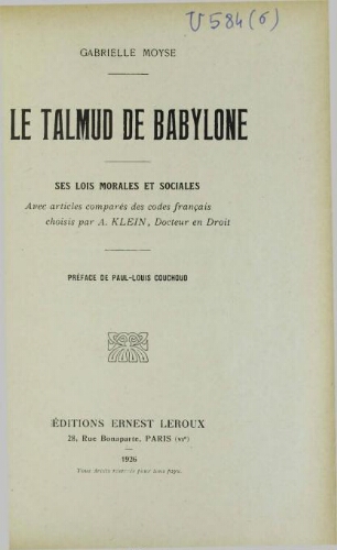 Le Talmud de Babylone: ses lois morales et sociales